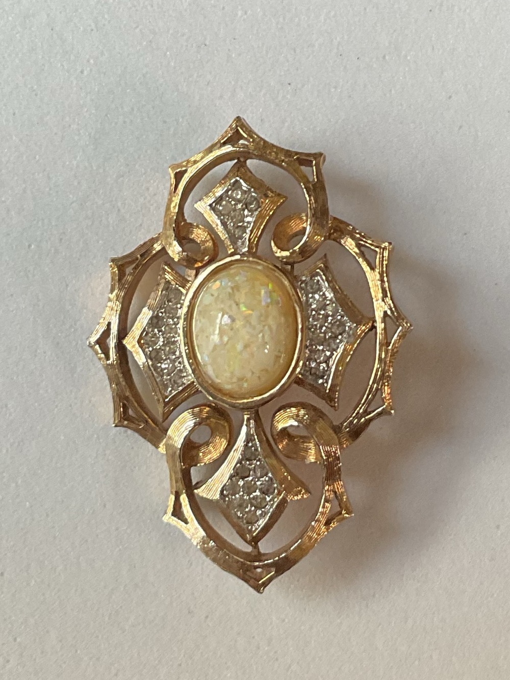 Vintage Panetta Rhinestone Faux Opal Gold Tone Brooch - Gem